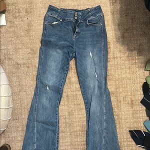 KanCan Blue Flare Wide Leg Jeans with Distressed Details